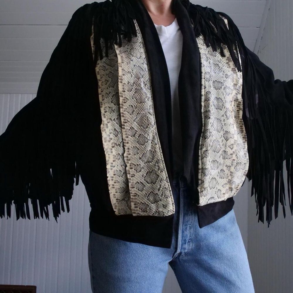 Incredible vintage black suede and rattle snake‎ fringed leather jacket